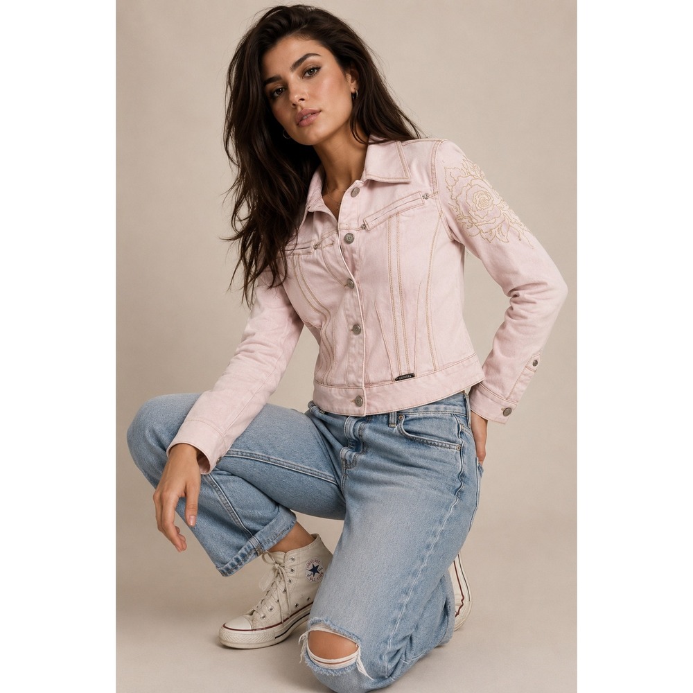 Vintage Cappopera Jeans pink denim gold embroidered jean jacket 42 or Small